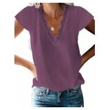 lime flare Women Sexy V Neck Lace Trim Satin Tee Shirt Tops Dressy Silk Summer Tank Tshirt Blouse (X-L,Purple Eyelash Lace Short Sleeve)