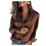 Zeagoo Satin Blouses for Women Silk Button Down Shirts Long Sleeve Business Casual Tops Brown Large