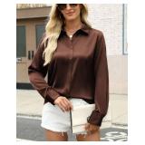 Zeagoo Satin Blouses for Women Silk Button Down Shirts Long Sleeve Business Casual Tops Brown Large