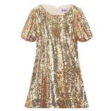 WELAKEN Girls Sequin Dress Sparkly Fancy Short Puff Sleeves Gradient Party Dress Gold 8Y