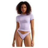 SUUKSESS Women Double Lined Fitted Basic Tee Shirts Crew Neck Short Sleeve Y3K Going Out Crop Tops (Lilac, M)