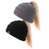 Pleneal 2 Pack Ponytail Winter Beanie Hats for Women, Stretch Cable Knit Messy Bun Beanie Hat, Warm Soft Beanies with Tail Hole