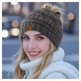Pleneal 2 Pack Ponytail Winter Beanie Hats for Women, Stretch Cable Knit Messy Bun Beanie Hat, Warm Soft Beanies with Tail Hole