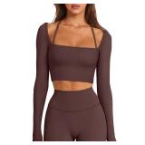 LASLULU Womens Halter Long Sleeve Shirts Workout Tops with Built in Bra Sexy Casual Cropped T Shirts Going Out Tops Fall Fashion Outfits 2025(Coffee Medium)
