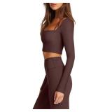 LASLULU Womens Halter Long Sleeve Shirts Workout Tops with Built in Bra Sexy Casual Cropped T Shirts Going Out Tops Fall Fashion Outfits 2025(Coffee Medium)
