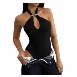 Milumia Women Cut Out Halter Neck Sleeveless Bodysuit Party Going Out Tank Top Black Medium