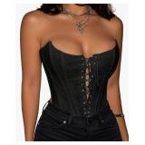 Corset Tops for Women Lace Up Overbust Corset Bustier Halloween Costume Strapless Sexy Going Out Crop Top Tank Size- Large