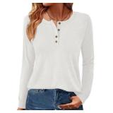 GKBK Womens Henley Tops Long Sleeve Shirts Button Pullover Loose Fit Henley Neck Lightweight Tunic Blouse White M