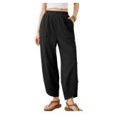 Xiaoxuemeng Womens Baggy Wide Leg Pants Casual Elastic Waisted Palazzo Harem Pants with Pockets (Black-L)