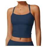 Womens Scoop Neck Longline Sports Bras Fixed Cross Back Women Workout Crop Tank Tops with Built in Bra Active Wear Athletic Work Out Gym Yoga Padded Bra Tank Top Dark Blue M