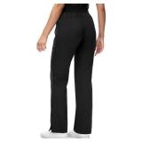 COMENII Scrubs for Women, Mid Rise Straight Leg Cargo Pants with Knit Yoga Waistband, Anti-Wrinkle Womens Scrubs Pants-R-Black M