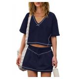 Panadila Womens Workout Set 2 Piece Outfits Skirt Set Matching Sets Crop Tops and Skirt with Shorts Sets with Pockets(Navy Blue,M)