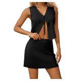 AIHUKOCY Women Sexy Knit Two Pieces Mini Skirts Set Sleeeveless V Neck Self Tie Slit Front Crop Vest Top Short Skirts Sets Large