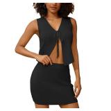 AIHUKOCY Women Sexy Knit Two Pieces Mini Skirts Set Sleeeveless V Neck Self Tie Slit Front Crop Vest Top Short Skirts Sets Large