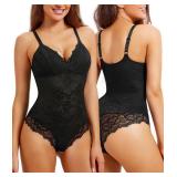 REYEOGO Lace Shapewear Bodysuit for Women Tummy Control Body Shaper V Neck Fajas Tank Tops Slimming Camisole Waist Trainer Corset (Large, Black)