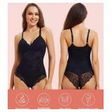 REYEOGO Lace Shapewear Bodysuit for Women Tummy Control Body Shaper V Neck Fajas Tank Tops Slimming Camisole Waist Trainer Corset (Large, Black)