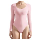 SUUKSESS Women Double Line Scoop Neck Thong Bodysuit Round Neck Long Sleeve Tops(Pink, M)