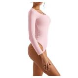 SUUKSESS Women Double Line Scoop Neck Thong Bodysuit Round Neck Long Sleeve Tops(Pink, M)