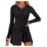 Caracilia Women Long Sleeve Tennis Dress 2026 Fall Bodycon Tie Waist Romper Skorts Athletic Mini Dresses Built in Shorts Black Medium