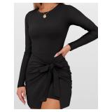Caracilia Women Long Sleeve Tennis Dress 2026 Fall Bodycon Tie Waist Romper Skorts Athletic Mini Dresses Built in Shorts Black Medium