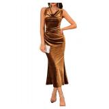 GRACE KARIN 2025 Velvet Wedding Guest Dresses for Women Winter Formal Cocktail Maxi Dress Evening Gown Gold Brown Small