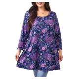 Loveliin Tunic Tops for Women Plus Size 3/4 Sleeve Loose Fit Ladies Blouses Purple Floral Dressy Casual Swing Flare Long Tops to Wear with Leggings 3X