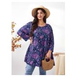 Loveliin Tunic Tops for Women Plus Size 3/4 Sleeve Loose Fit Ladies Blouses Purple Floral Dressy Casual Swing Flare Long Tops to Wear with Leggings 3X