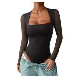PINKMSTYLE Womens Square Neck Mesh Long Sleeve Bodysuit Going Out Tops Date Night Outfit Black Medium