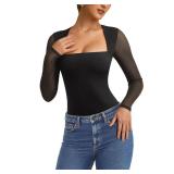 PINKMSTYLE Womens Square Neck Mesh Long Sleeve Bodysuit Going Out Tops Date Night Outfit Black Medium