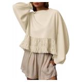 Burtell Crew Neck Crop Oversized Sweatshirts For Women Casual Long Puff Sleeve Babydoll Tops Loose Lace Patchwork Peplum Top Beige Large