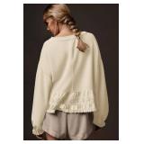 Burtell Crew Neck Crop Oversized Sweatshirts For Women Casual Long Puff Sleeve Babydoll Tops Loose Lace Patchwork Peplum Top Beige Large