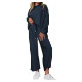 PRETTYGARDEN Womens 2025 Fall 2 Piece Outfits Long Sleeve Pullover Tops Wide Leg Pants Matching Lounge Sets Fashion Clothing (Navy,X-Large)