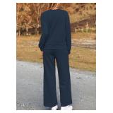 PRETTYGARDEN Womens 2025 Fall 2 Piece Outfits Long Sleeve Pullover Tops Wide Leg Pants Matching Lounge Sets Fashion Clothing (Navy,X-Large)