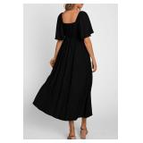 PRETTYGARDEN Summer Dress for Women 2025 Casual Short Sleeve Bow Tie V Neck Ruffle Midi Flowy Dresses (Black,X-Large)