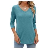 Sherosa 3/4 Length Sleeve Womens Tops Stretchy V Neck Loose Fit Tunic Tops Casual Work Shirts Blue Green S