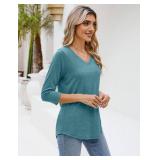 Sherosa 3/4 Length Sleeve Womens Tops Stretchy V Neck Loose Fit Tunic Tops Casual Work Shirts Blue Green S