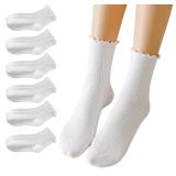 DONBIQI 6 Pairs Ruffle Socks for Women Girl, Frilly Women, Comfort Breathable Lettuce Edge Ankle Socks (US, Numeric, 6, 10, 6 Pairs White)