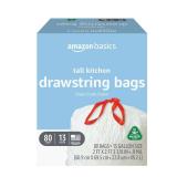 Amazon Basics 13 Gallon Tall Kitchen Drawstring Trash Bags, Clean Fresh Scent, 10% Post Consumer Recycled, 80 count