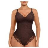 FeelinGirl Lace Shapewear Body Suits for Women Tummy Control Shapewear V Neck Lace Tops Jumpsuit Top Brown 3XL