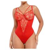 SHAPELLX Lace Bodysuits Plus Size Shapewear for Women Tummy Control Body Shaper Red Lace Corset Tops Thong Bodysuit Tops Medium