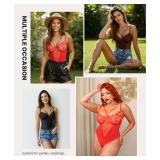 SHAPELLX Lace Bodysuits Plus Size Shapewear for Women Tummy Control Body Shaper Red Lace Corset Tops Thong Bodysuit Tops Medium