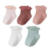 Meeshine Baby Toddler Girls Anti Slip Ruffle Socks with Grips Newborn Infant Cotton Non Skid Frilly Dress Socks 5 Packs,6-12 Months