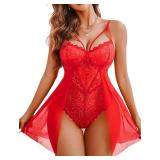 Avidlove Plus Size Babydoll Lingerie Women Snap Crotch Teddy Chemise Lace Nighty Mesh Sleepwear,Red,XX-Large