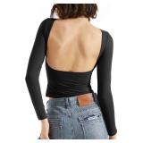 SUUKSESS Women Backless Going Out Tops Double Lined Open Back Basic Long Sleeve T Shirts (Jet Black, XS)