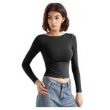 SUUKSESS Women Backless Going Out Tops Double Lined Open Back Basic Long Sleeve T Shirts (Jet Black, XS)
