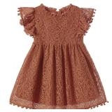 Niyage Toddler Girls Elegant Lace Pom Pom Flutter Sleeve Party Princess Dress Brown sSize- 4