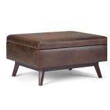 Owen 34 inch Wide Mid-Century Modern Coffee Table Storage Ottoman in Distressed Chestnut Brown Vegan Leather - Retail: $312