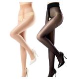 Aaronano Open Crotch Shiny Pantyhose for Women Snag Resistant Sheer Shimmer Tights Pack of 2 Black/Natural Small-Medium