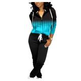 Mrskoala Two Piece Outfits for Women Tracksuit Sweat Suits Workout Jogging Sets Loungewear with Pocket Black Blue XL
