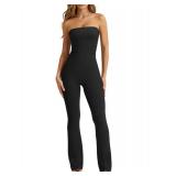 OQQ Womens Jumpsuits Tube Strapless With Removeable Bra One Piece Outfits Ruched Classic-Fit Jumpsuit Black, L
